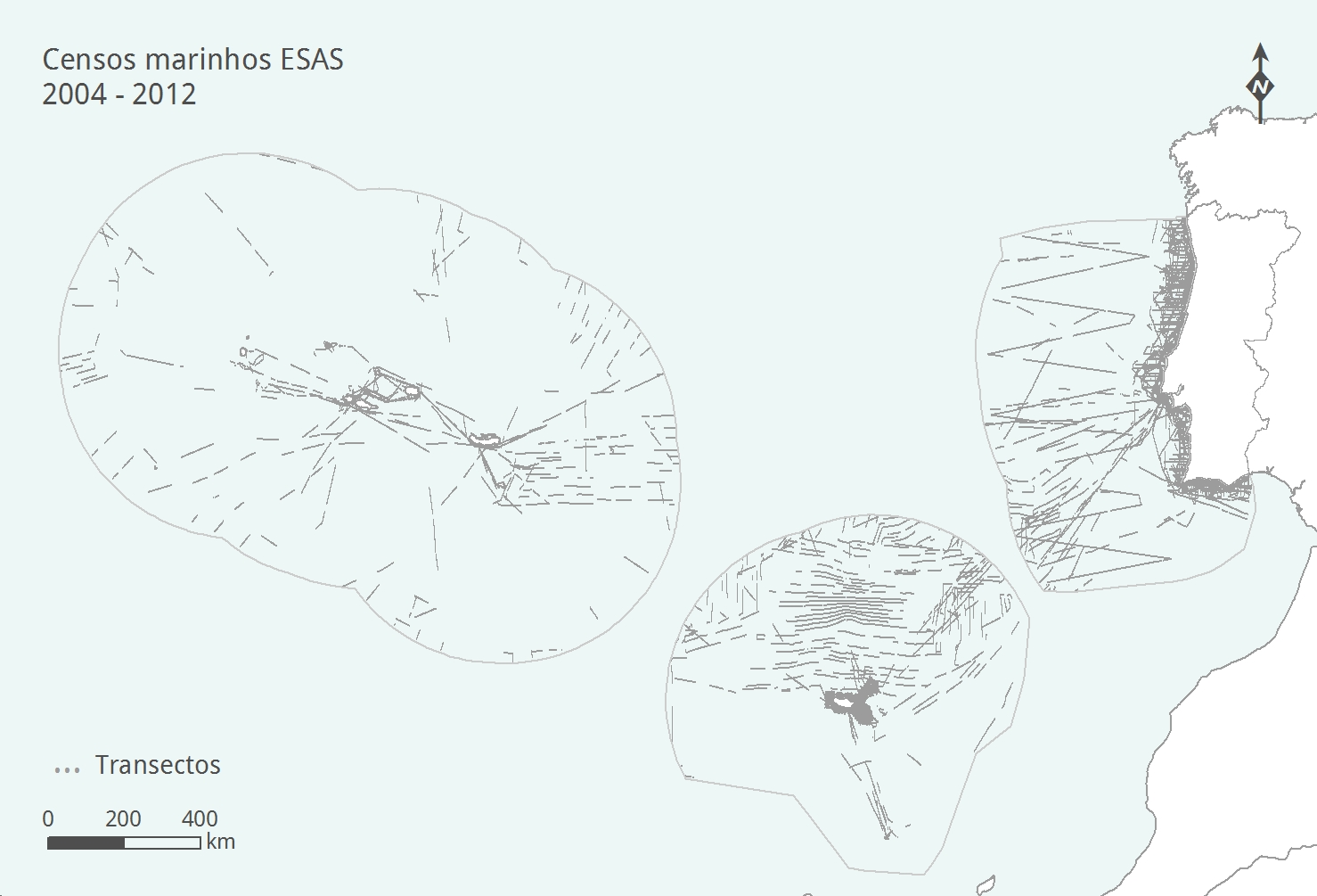 Localização dos embarques realizados para censos de aves marinhas dentro da ZEE portuguesa durante o período de recolha de dados (2004-2012).