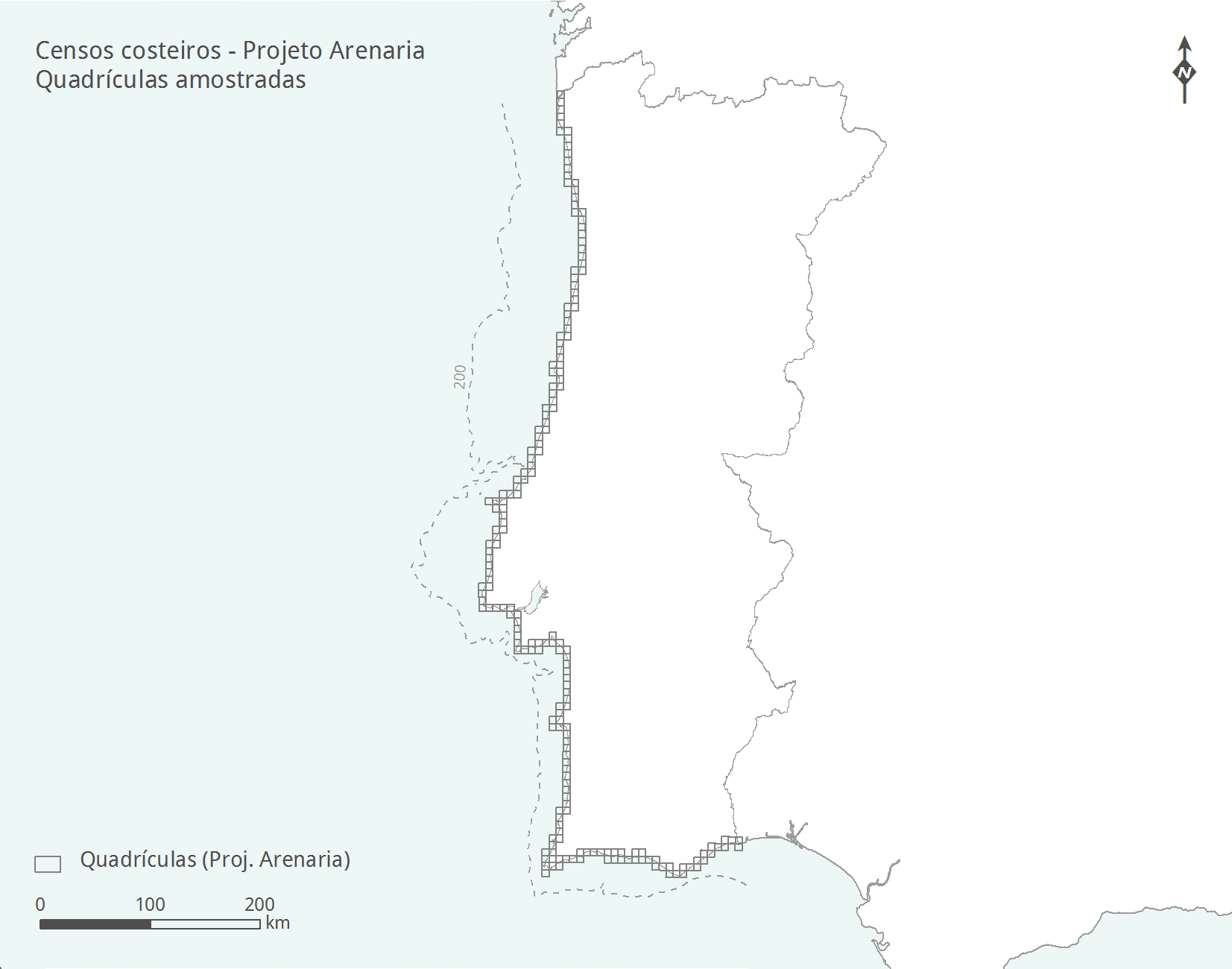 Quadrículas do litoral continental amostradas no âmbito do Projeto Arenaria (2009-10).