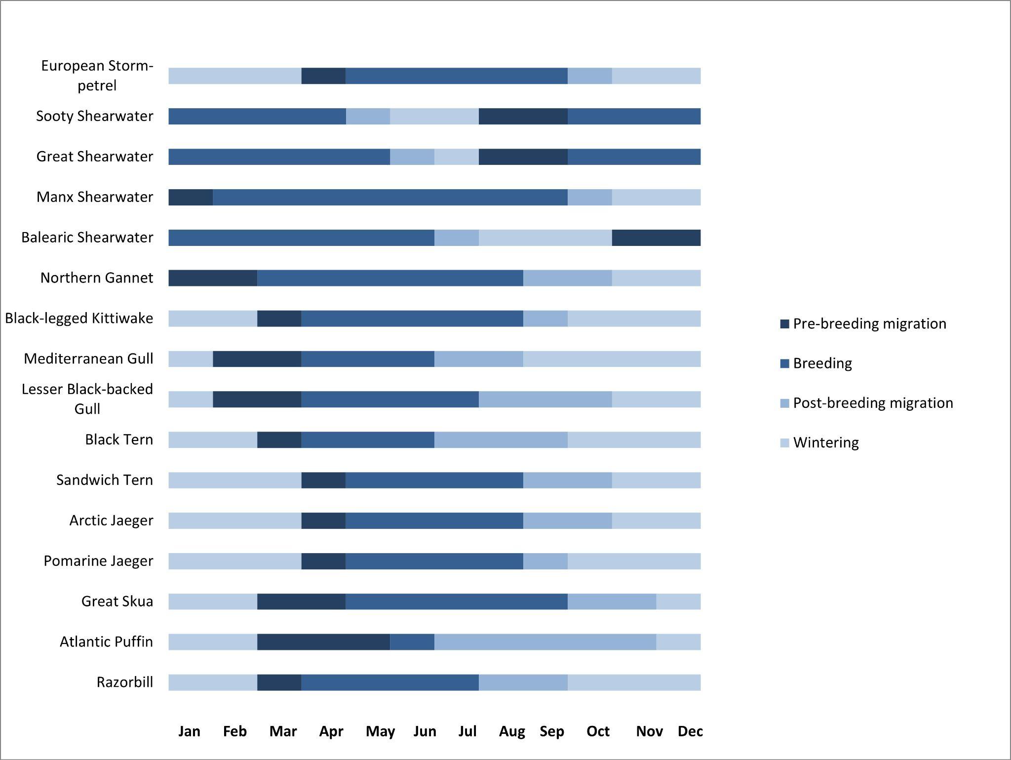 Phenological periods used to model bird abundances obtained from marine census data. The periods were defined for each species based on information available in the literature